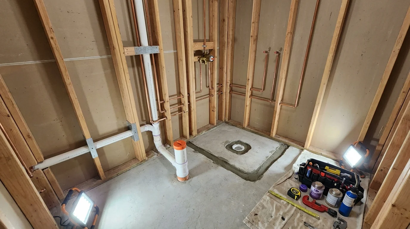 Bathroom rough-in plumbing during remodel by Johns Plumbing LLC in Carlyle
