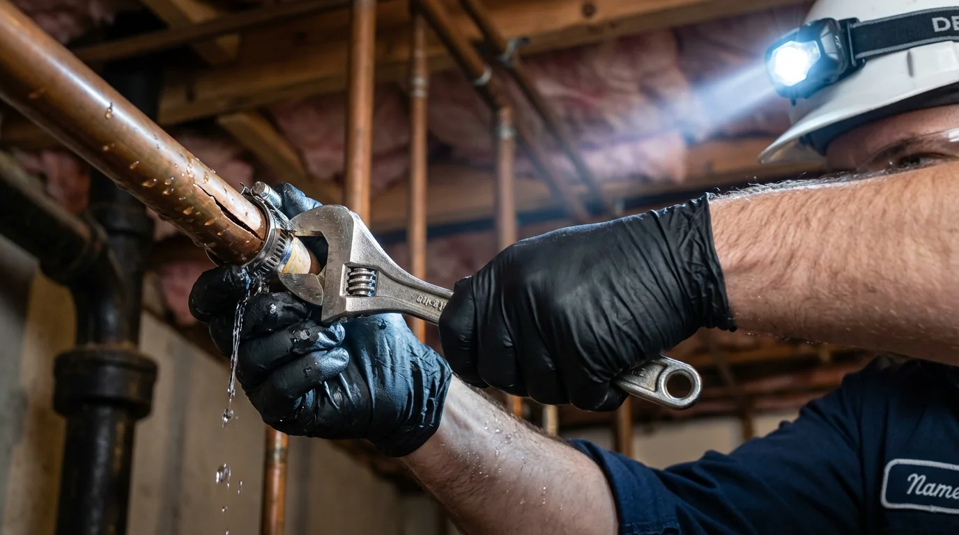 Emergency pipe clamp repair being performed by a Johns Plumbing LLC plumber in Carlyle