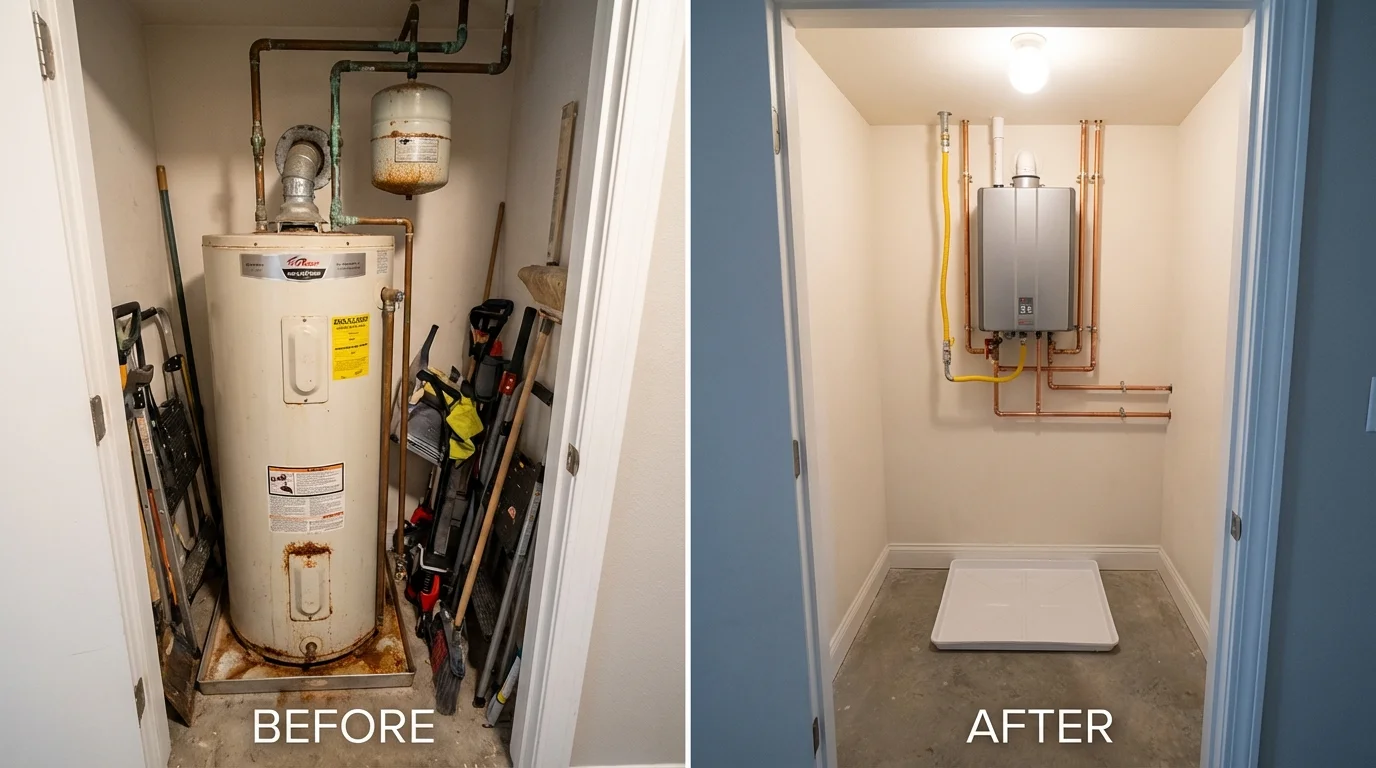 Tank water heater versus wall-mounted tankless unit comparison for Carlyle, IL homeowners
