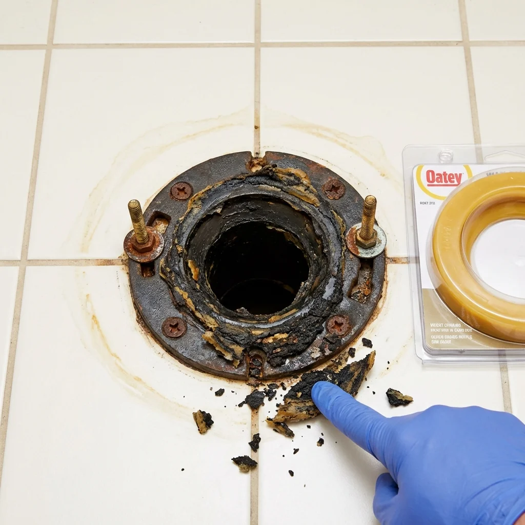 Failed wax ring showing water seepage at the base of a toilet in a Carlyle, IL home
