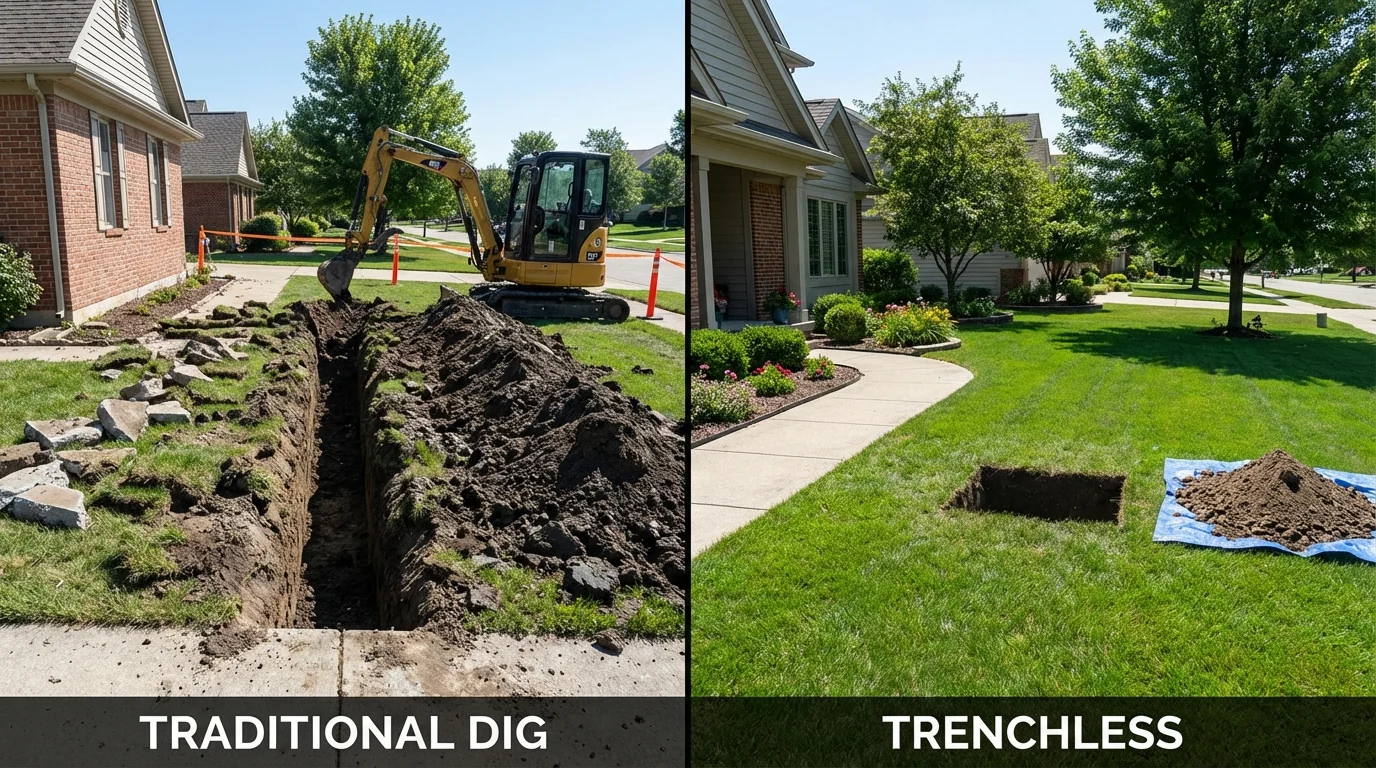 Trenchless sewer repair with minimal yard damage versus traditional excavation in Carlyle, IL