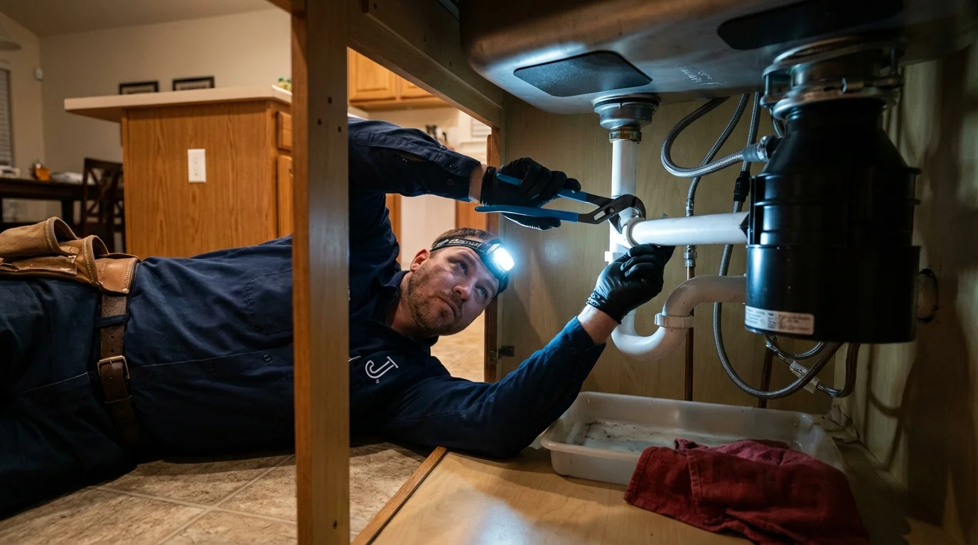 P-trap and supply line connections under a kitchen sink showing a common leak point in Carlyle, IL